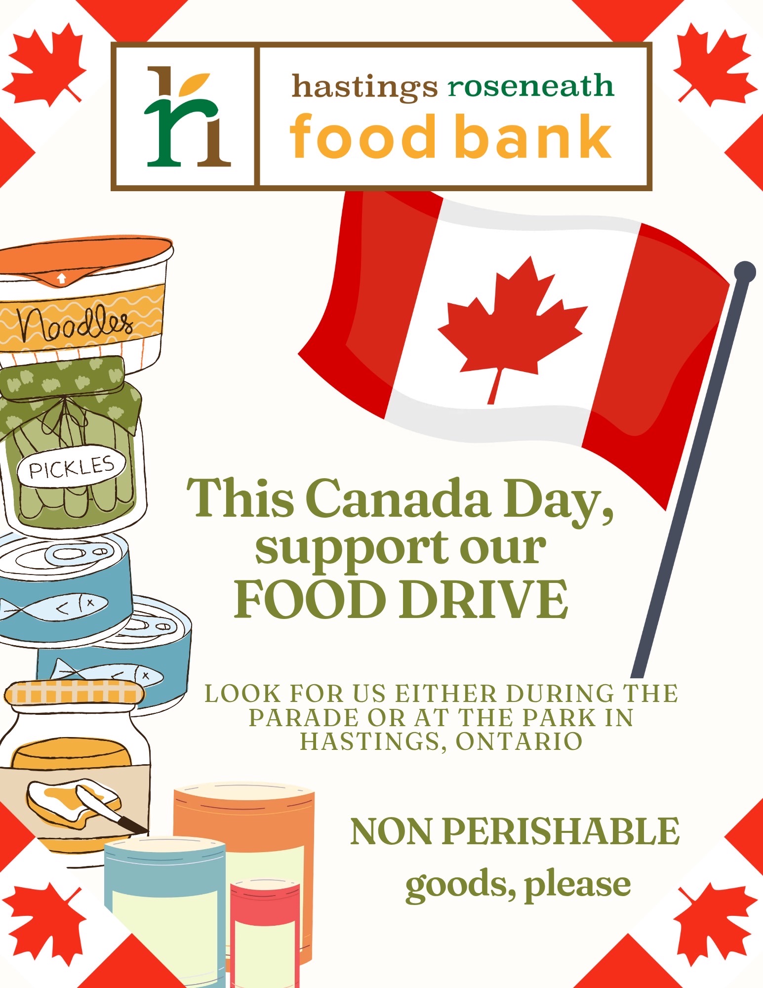 Canada Day Food Drive poster: support our food drive with non-perishable goods. Find us at the parade or the park in Hastings, Ontario.